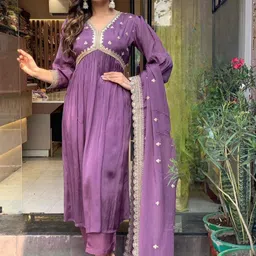 KALINI Women Ethnic Motifs Embroidered Regular Thread Work Kurta with Trousers & With Dupatta-picture-17