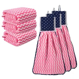 Kuber Industries 6Pcs Pink & White Printed Towels & Wash Basin Napkin Set-47
