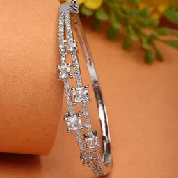 ZENEME Women White Brass American Diamond Rhodium-Plated Kada Bracelet-image-73