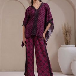 Nyaro Women Fuchsia Embroidered & Printed Kaftan Rayon Top With Palazzo Co-Ord Set-13
