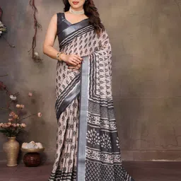 Shriyangan Ethnic Motifs Zari Pure Linen Block Print Saree-49
