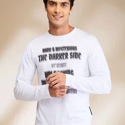 Being Human Men White Cotton Round Neck Full Sleeves Typography Applique Slim Fit T-shirt-1