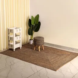Kuber Industries Brown 2 Pieces Geometric Carpet & Round Ottoman Stool-20