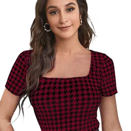 unianta Women Checked Square Neck Short Sleeves Top-image-26