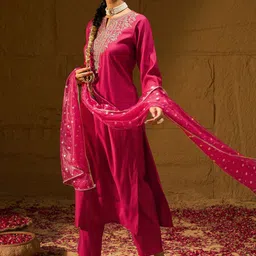Indo Era Women Ethnic Motifs Yoke Design Regular Liva Kurta with Trousers & With Dupatta-58