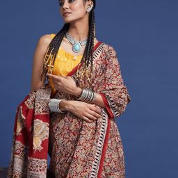 Taavi Women Hand Block Printed Kalamkari Saree With Geometric Borders & Classic Motifs-18
