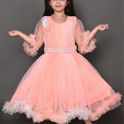 Zenat Girls Applique Flared Sleeve Net Fit & Flare Dress-image-17