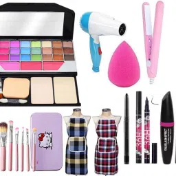 MAKEUP KIT,7 BRUSH,DRYER,STRAIGHTENER,PUFF,KAJAL,EYELINER,3IN1,KITCHEN APRON-20
