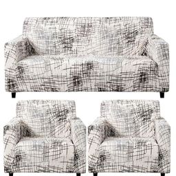 HOKIPO Beige Brown Line Print 5 Seater Fully Covered Sofa Cover-26