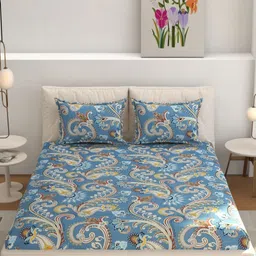 MOGNE FAB Blue & Brown Floral Cotton Fitted 210 TC King Bedsheet Set 2.28 m x 2.54 m-image-34