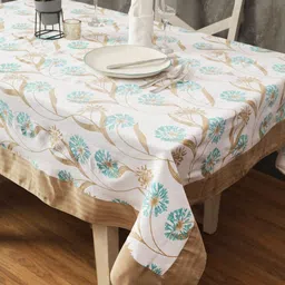 Aura Turquoise Blue & White Floral Printed Cotton 6-Seater Table Cover-24