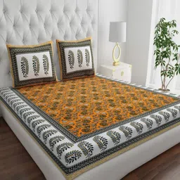COZYKO Mustard & Off White Floral 210 TC King Bedsheet with 2 Pillow Covers-15