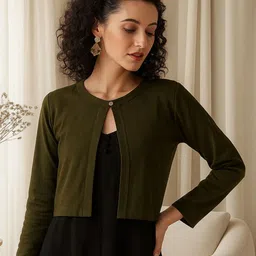 Style Quotient Round Neck Cotton Crop Button Shrug-26