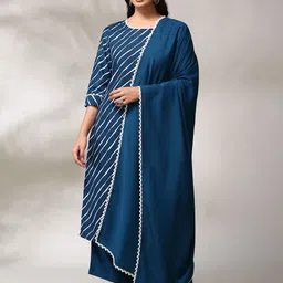Anouk Blue Leheriya Printed Round Neck Straight Kurta with Trousers & Dupatta-32