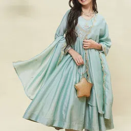 CurlyTales Girls Ethnic Motifs Embroidered Anarkali Kurta with Trousers & Dupatta-image-82