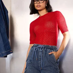 SASSAFRAS Crochet Round Neck Half Sleeve Beach Cover-up Top-image-90