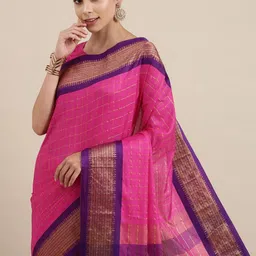 LeeliPeeri Designer Checked Zari Saree With Unstitched Blouse Piece image 4