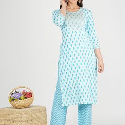 HERE&NOW Floral Printed Round Neck Sequinned Straight Kurta With Trouser-image-11