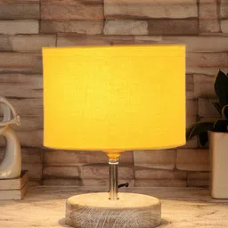 Devansh Yellow & White Textured Cotton Table Lamp With Wood Base-16