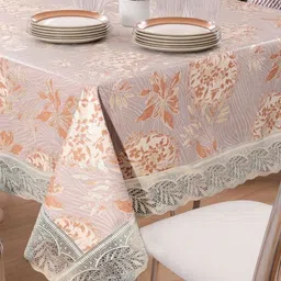 Stylista Gold Toned & Peach Coloured Floral Printed 8-Seater Table Cover-19