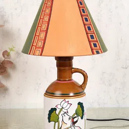 AAKRITI ART CREATIONS Orange & Green Printed Frustum Shaped Ceramic Table Lamp & Shade-20