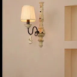 Fos Lighting White & Beige Distress Wood Single Rustic Wall Lamp with Pleated Fabric Shade-3