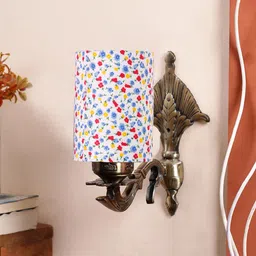 Devansh White & Blue Printed Antique Wall Lamp With Cotton Conical Shade-25