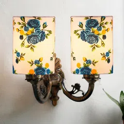 Devansh White & Blue Printed Antique Wall Lamp With Cotton Shade-12