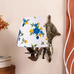 Devansh White & Blue Printed Wall Lamp With Cotton Conical Shade image 4