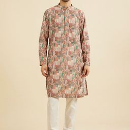 Manyavar Ethnic Motifs Printed Mandarin Collar Straight Art Silk Kurta-image-53
