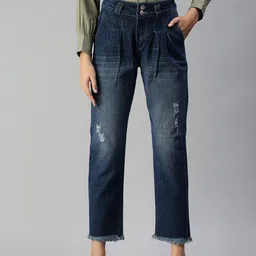 SHOWOFF Women Blue Straight Fit High-Rise Low Distress Light Fade Stretchable Jeans-image-34