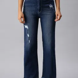 SHOWOFF Women Navy Blue Wide Leg High-Rise Low Distress Light Fade Stretchable Jeans-image-56