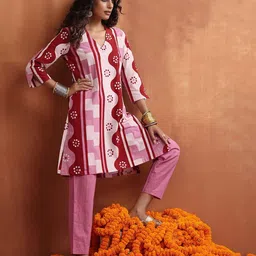 trueBrowns Geometric Printed Pure Cotton Tunic With Trousers-image-28