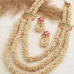 Zaveri Pearls Gold-Plated Pink & Green Stone-Studded & Pearl-Beaded Jewellery Set-3