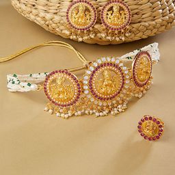 Zaveri Pearls Gold-Plated Pink Stone-Studded & White Pearl-Beaded Jewellery Set-image-60