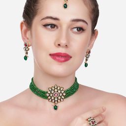 Zaveri Pearls Gold-Plated Green & White Stone-Studded & Pearl Beaded Jewellery Set-image-38