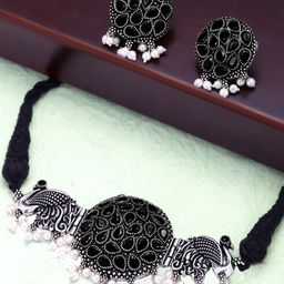 Yellow Chimes Oxidised Silver-Plated Black Stones-Studded & Beaded Jewellery Set-37