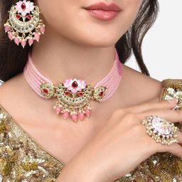 Zaveri Pearls Gold-Plated Pink & White Stone-Studded & Pearl-Beaded Meenakari Jewellery Set-9