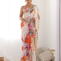 ODETTE Multicolor Chinon Printed Saree With Unstitched Blouse For Women-picture-34