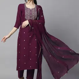 Anushansa Floral Embroidered Cotton Silk Straight Kurta With Trousers & Dupatta-picture-41