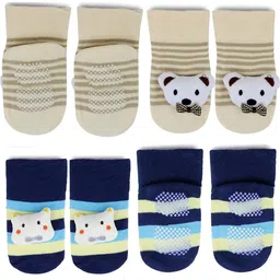 Neska Moda 6 To 12 Months Baby Set Of 2 Pair Cotton Anti Slip Face Ankle Socks/ Booties (Toe to Heel Length - 12 cm, Beige, White, Navy Blue)-22