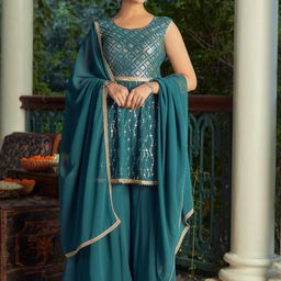 WOMEN PLUS Geometric Embroidered Empire Sequinned Anarkali Kurti With Sharara & Dupatta-image-1