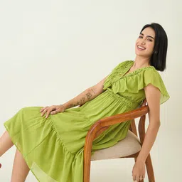 aayu Flutter Sleeve Georgette Fit & Flare Midi Dress image 3