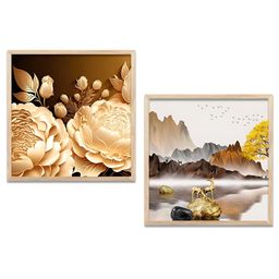 Kotart Brown & Yellow 2 Pieces Woodes Floral & Botanical Printed Wall Arts-picture-47