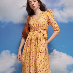 CORSICA Floral Print V-Neck Puff Sleeves Tie-Ups A-Line Dress-picture-17