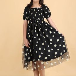 PTVIZE Girls Floral Printd Puff Sleeve Net Fit & Flare Midi Dress-picture-12