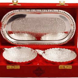 Set of Silver Plated 2 Bowl with 2 Spoon & 1 Tray,Designer Gift Item Bowl Spoon Tray Serving Set-image-1