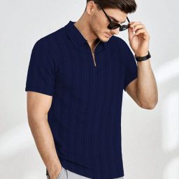 Men Self Design Zip Neck Cotton Blend Navy Blue T-Shirt-image-1
