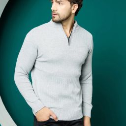 Men Self Design High Neck Grey Sweater-image-36