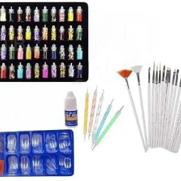 Nail Art Kit - 48 Pcs Glass Bottles Glitter Stones & nail brush & dotted pen 2 way multicolor & nail glue & reusable nails-image-34
